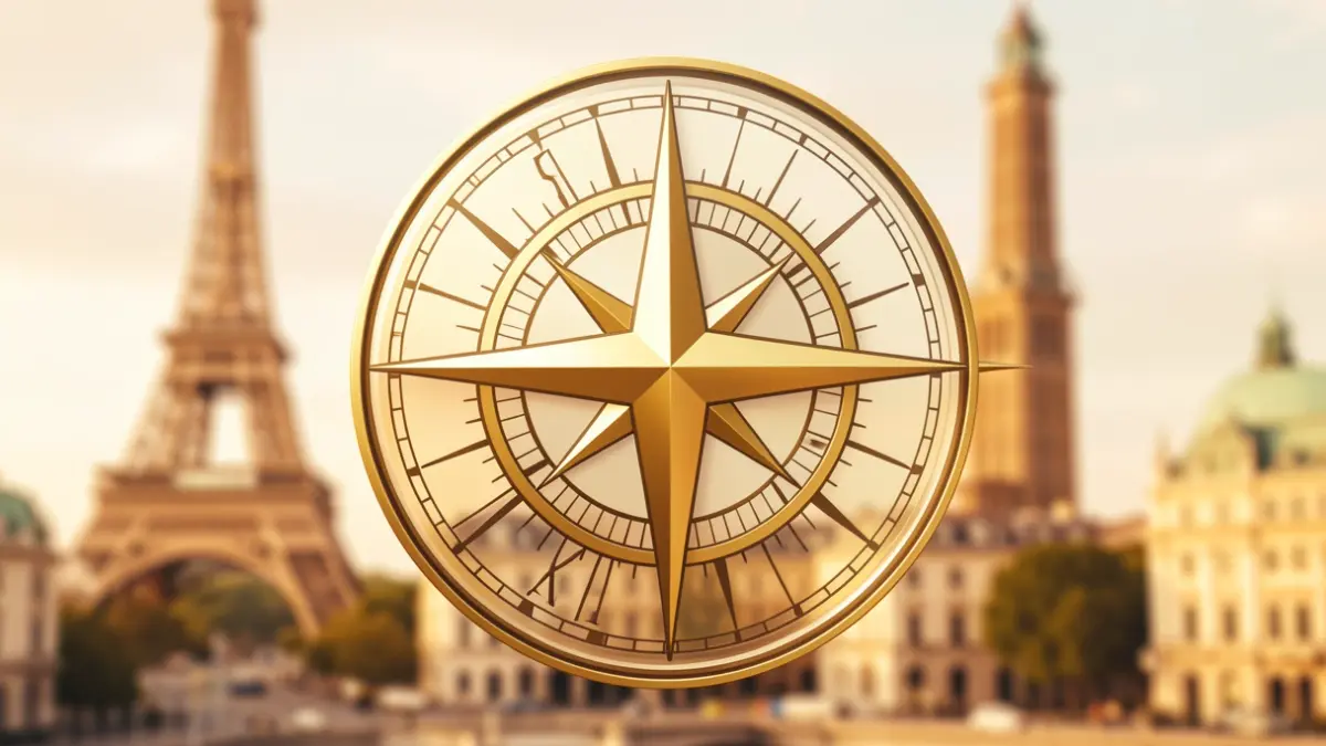 Imagem genérica de uma rosa dos ventos estilizada com uma estrela dourada, sobre um fundo de marcos europeus desfocados.