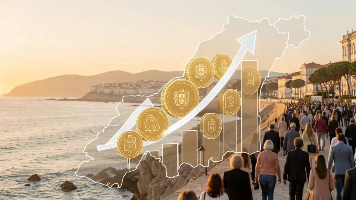 Imagen genérica de monedas estilizadas y gráficos ascendentes sobre un contorno de la costa portuguesa, con luz dorada.