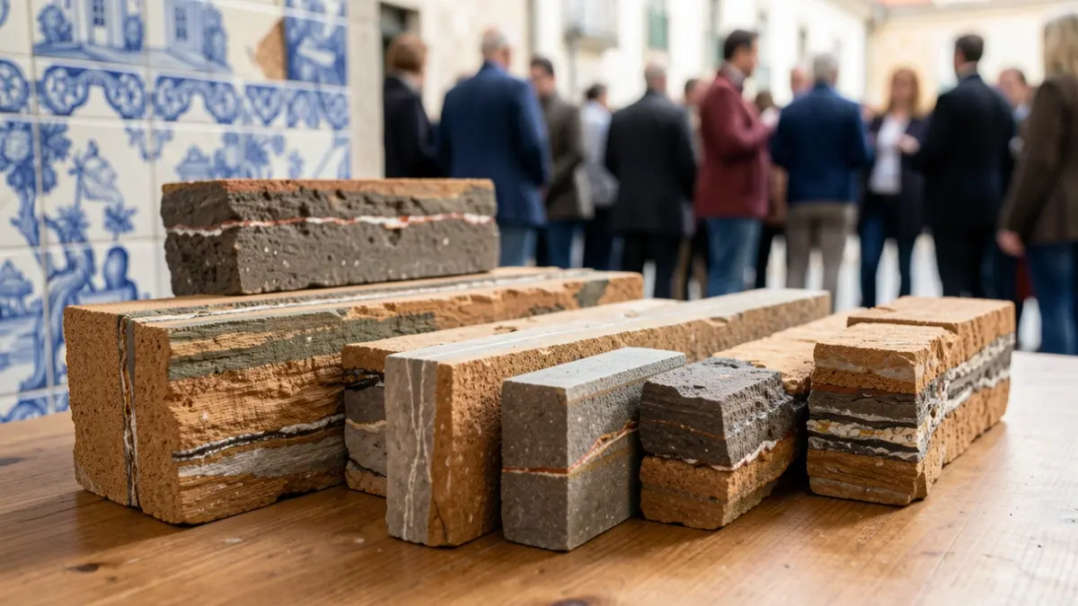 Generic image of rock samples with different strata and mineral veins, arranged on a wooden table.