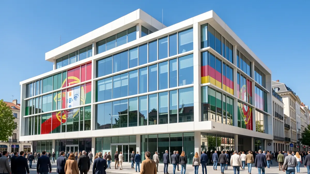 Imagen genérica de un edificio de oficinas moderno en Portugal, con líneas arquitectónicas limpias y ventanas amplias.