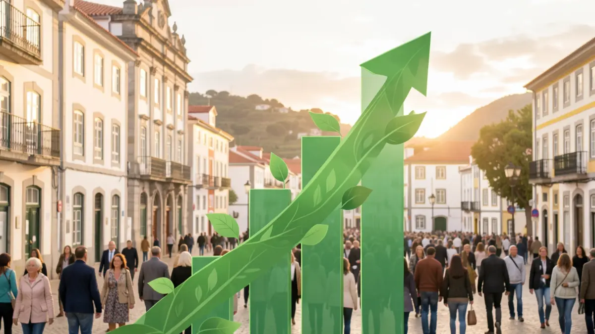 Imagem genérica de um gráfico de barras ascendente com elementos verdes, representando crescimento económico e redução de emissões.