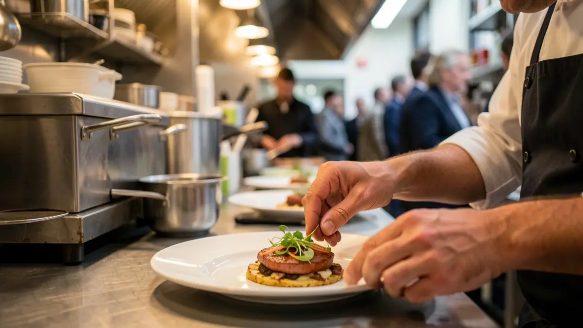 Mãos de chef a empratar um prato numa cozinha profissional, com equipamento em aço inoxidável desfocado e iluminação focada.