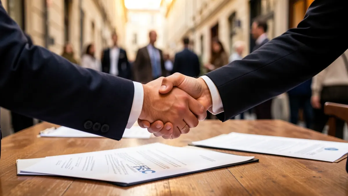 Generic image of two hands shaking over a desk with documents.