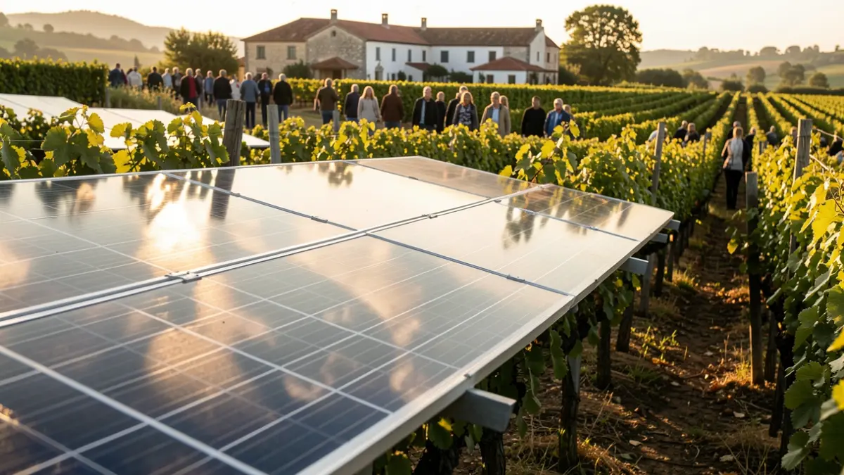 Imagem genérica de painéis fotovoltaicos instalados sobre videiras num campo, com luz solar a filtrar-se. Estilo de fotografia documental.