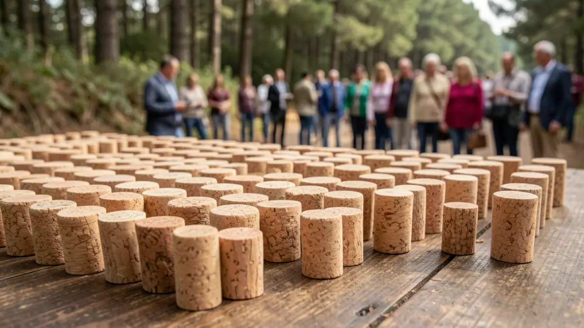 Generic image of natural cork stoppers arranged on a textured wooden surface.