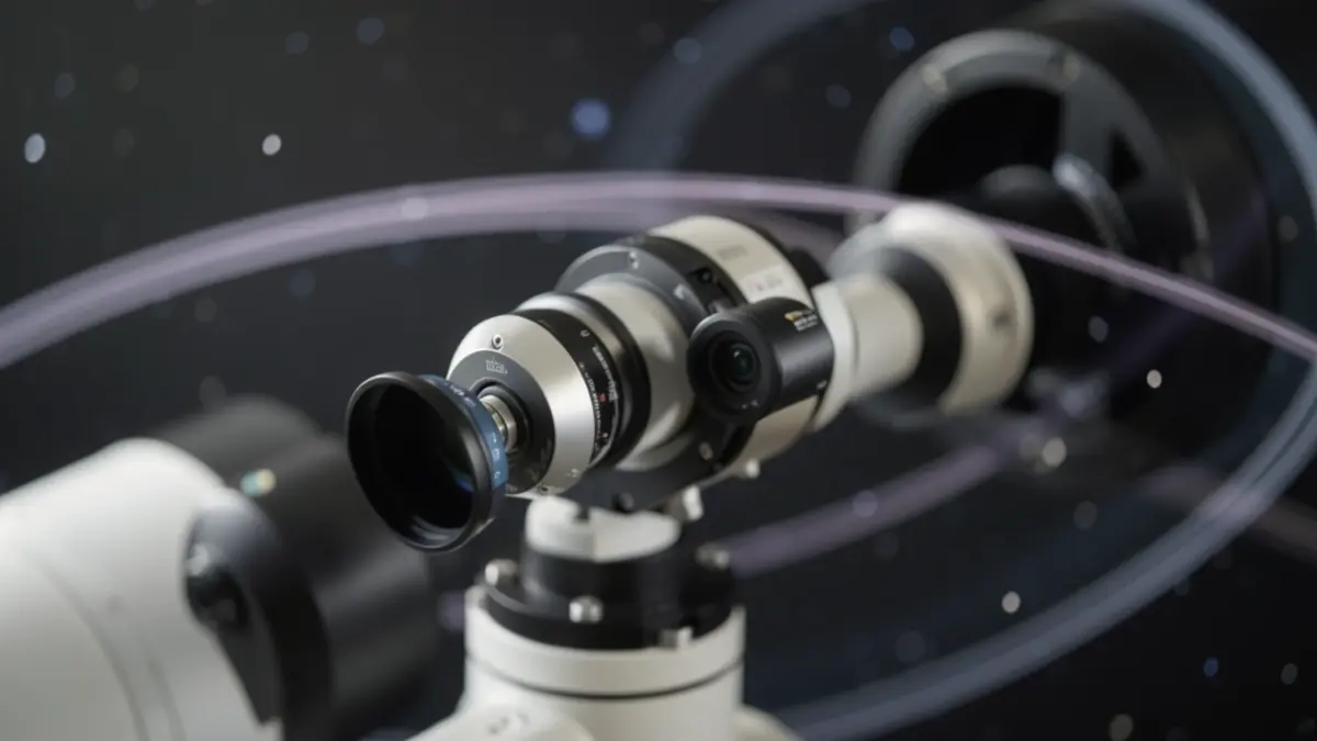 Generic image of advanced optical components and telescope parts, with blurred orbital paths and faint stars in the background.