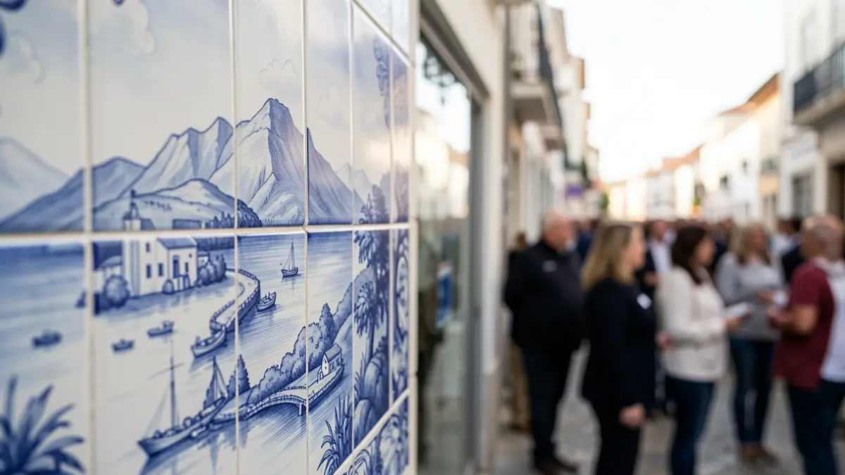 Portuguese azulejo tile with a subtle blue and white pattern, representing the Azores region.