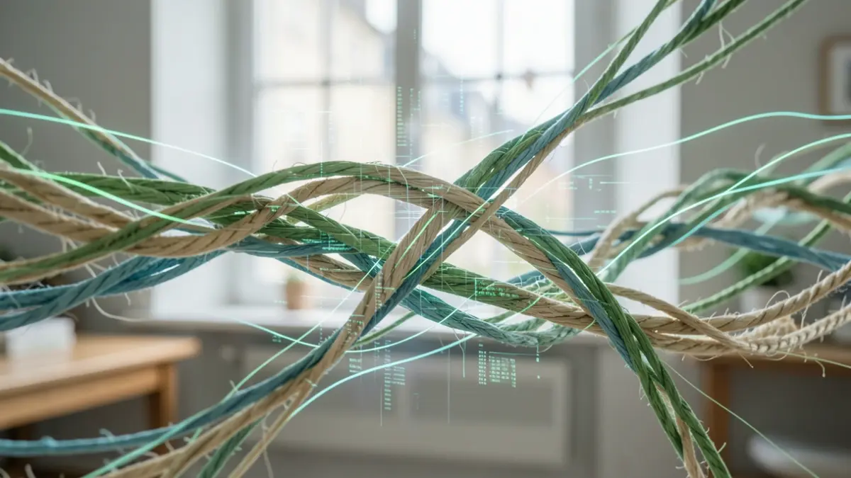 Imagem genérica de fibras têxteis entrelaçadas com fluxos de dados digitais, em tons de verde e azul.