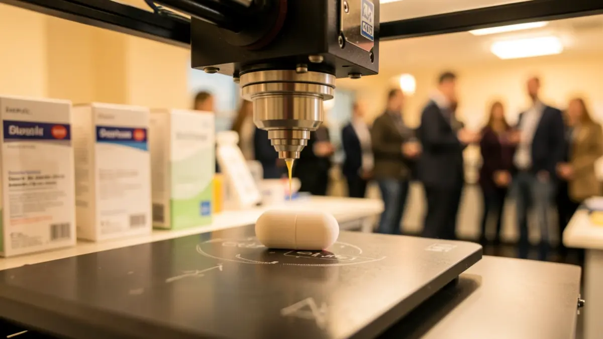 Imagem genérica de uma impressora 3D a fabricar medicamentos, com equipamento farmacêutico desfocado ao fundo.