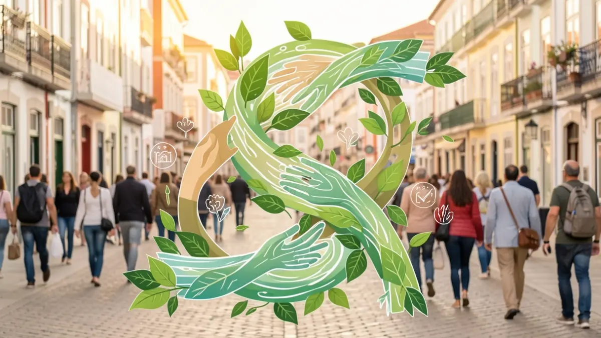 Imagem genérica de turismo regenerativo em Portugal, com elementos de natureza e conexão humana.