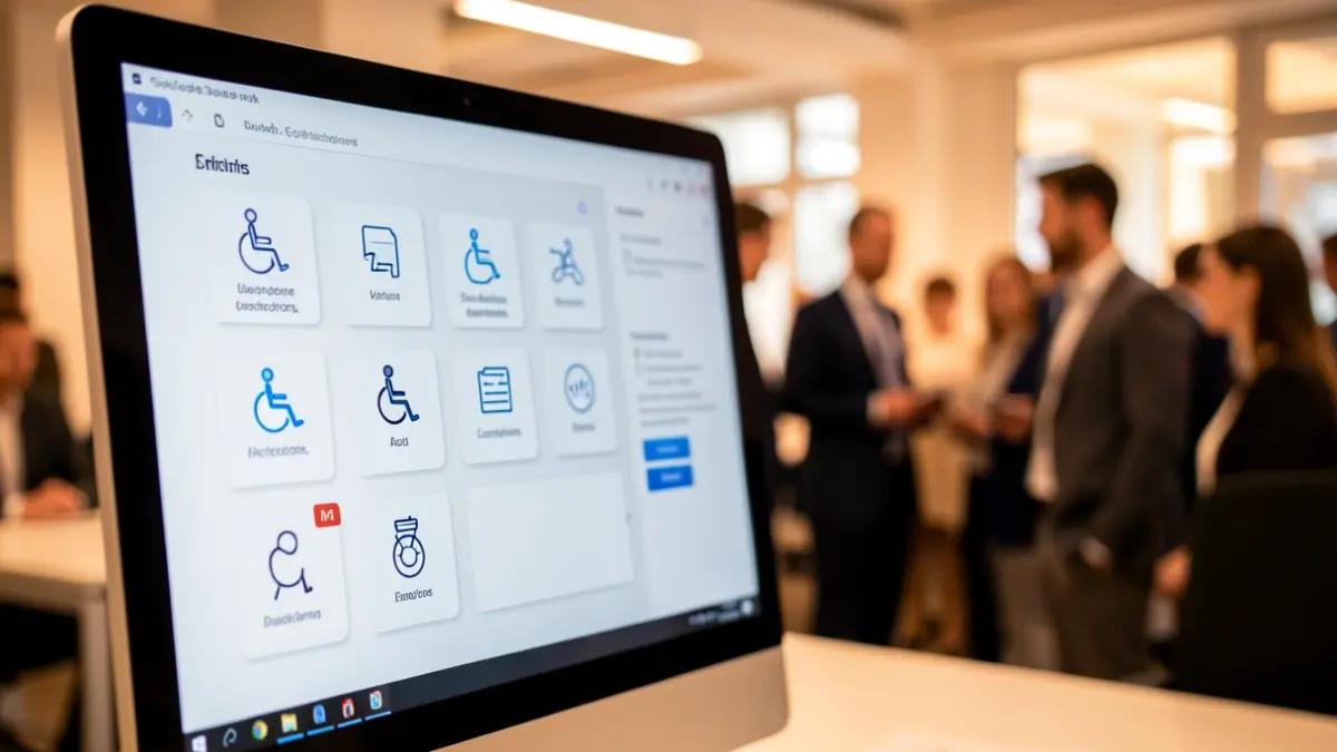 Interface digital com ícones de acessibilidade e design intuitivo em ambiente de escritório.