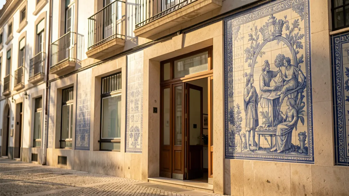 Fachada de um edifício institucional português com azulejos tradicionais e entrada proeminente, sob luz solar de fim de tarde.