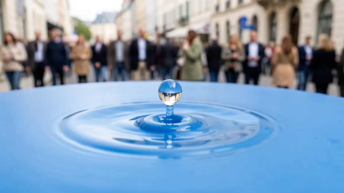 Gotas de água em superfície azul, simbolizando inovação em gestão de água.