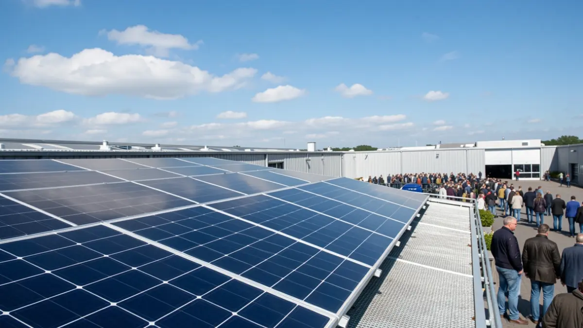Painéis solares instalados no telhado de uma instalação industrial.