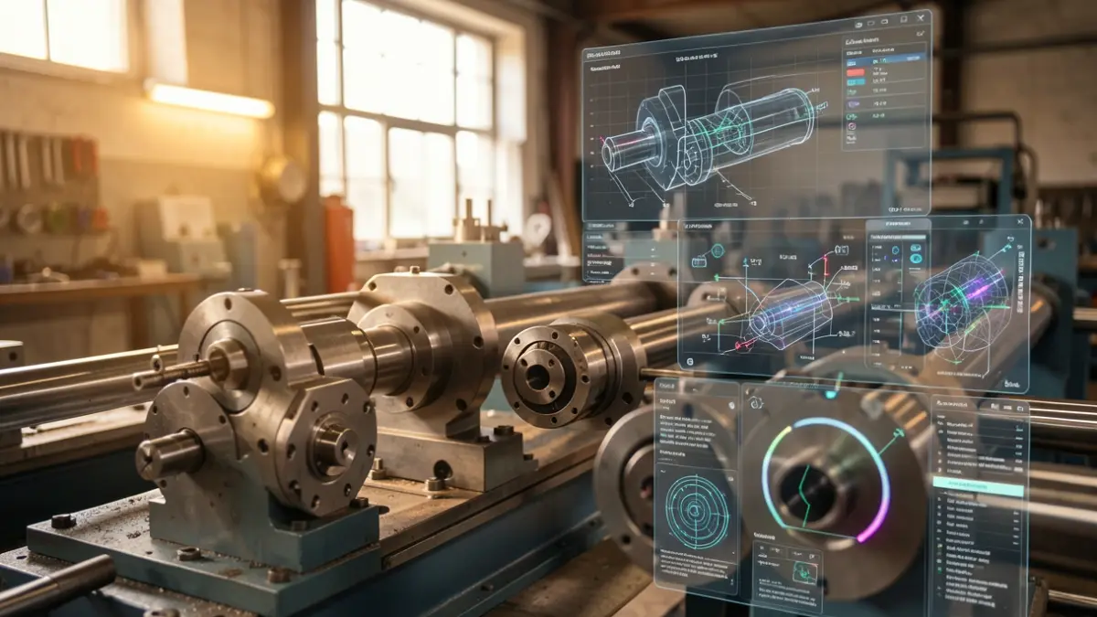 Imagem genérica de ferramentas industriais com diagramas de modelação numérica e interfaces de gémeos digitais.