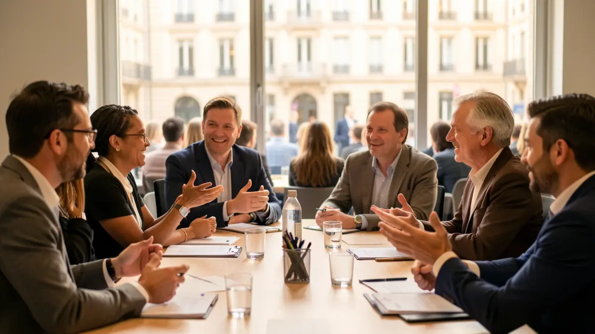 Generic image of professionals in a work meeting in a modern space.