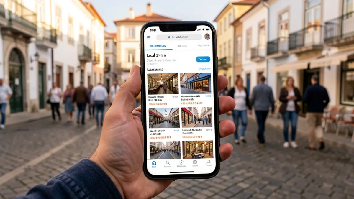 Close-up de um ecrã de smartphone com interface de marketplace digital de lojas de Sintra, em fundo praça portuguesa com calçada.