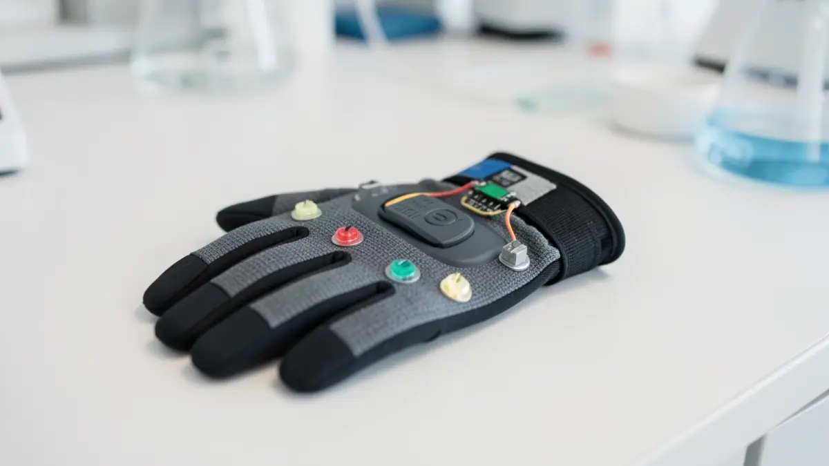 Imagem genérica de uma luva inteligente com sensores integrados numa superfície de laboratório.