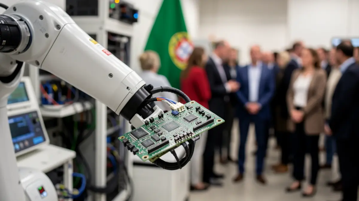 Imagen genérica de un brazo robótico sujetando una placa de circuito, con equipo tecnológico desenfocado y una sutil bandera portuguesa al fondo.