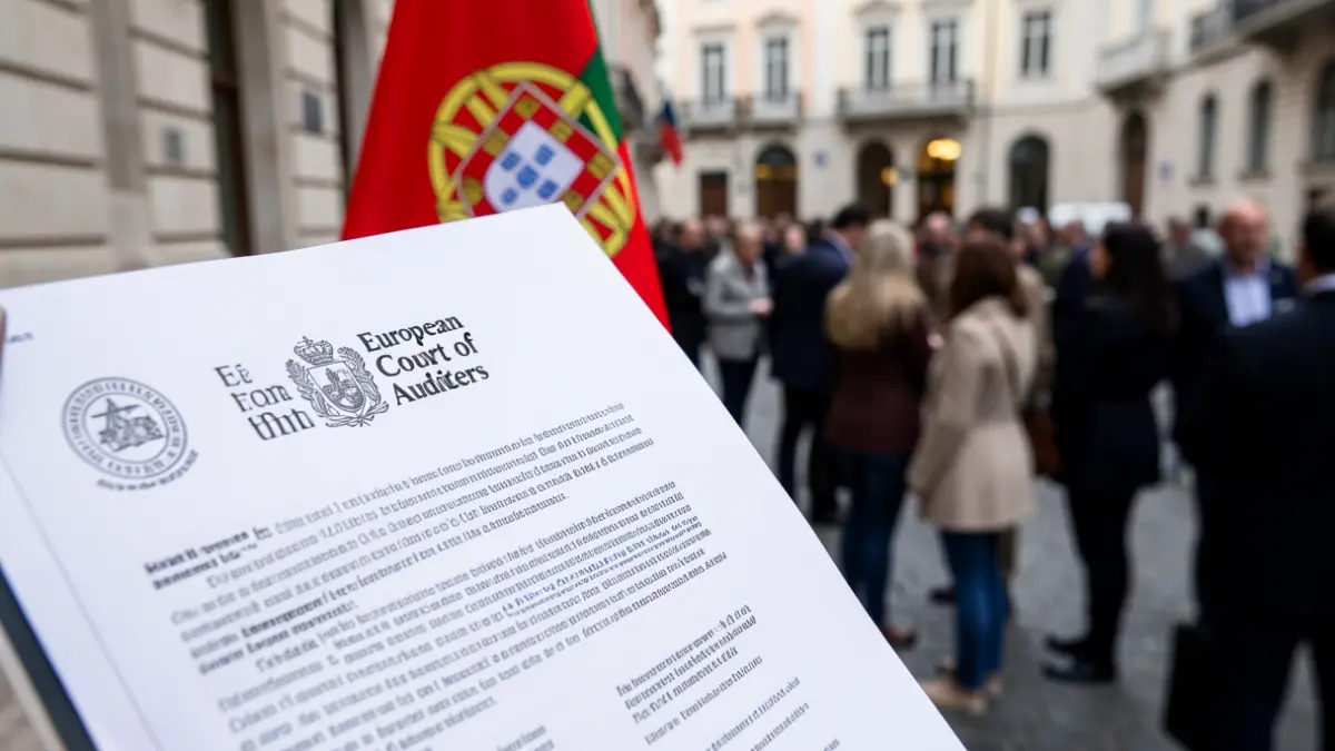 Imagem genérica de um relatório do Tribunal de Contas Europeu com elementos visuais relacionados com finanças e a União Europeia.