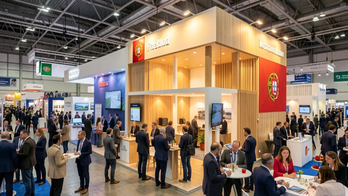 Imagem genérica de um pavilhão de feira internacional com muitos expositores e pessoas a interagir. Destaque para um pavilhão português com design moderno.