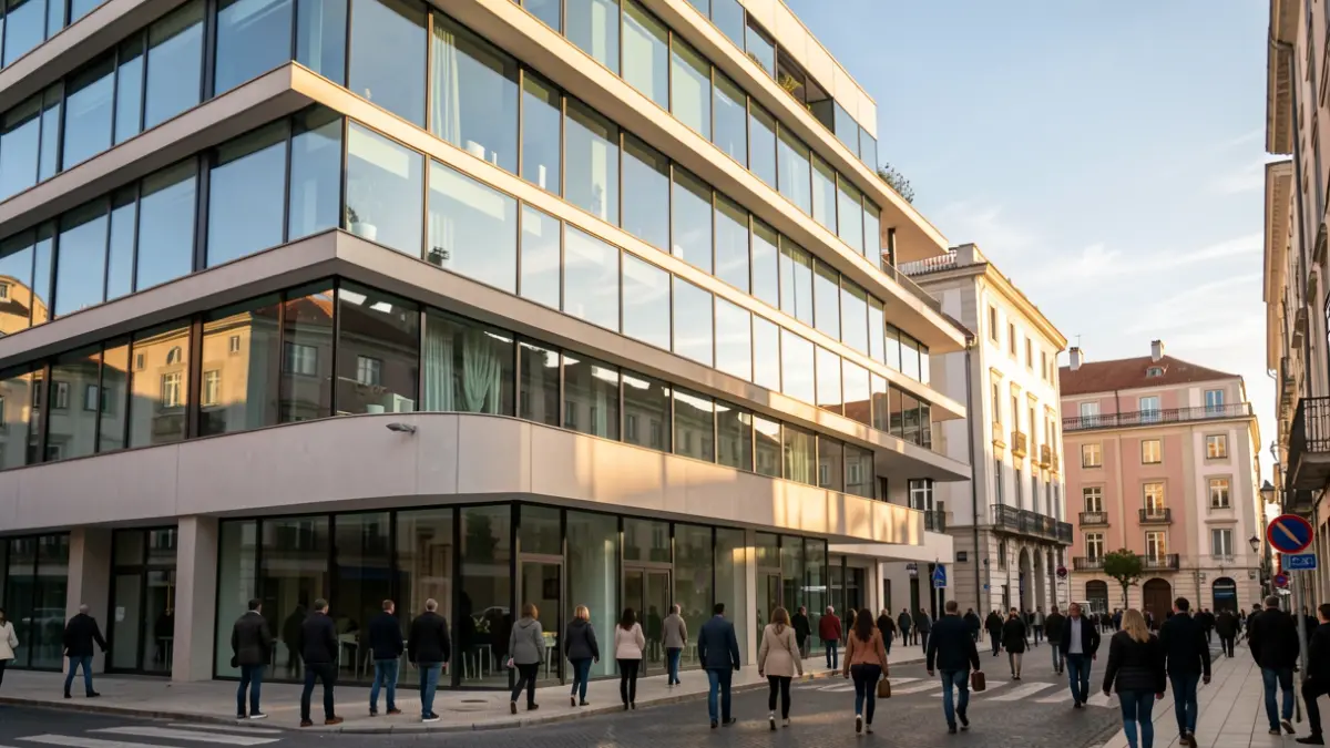 Generic image of a modern office building in Portugal at dusk.