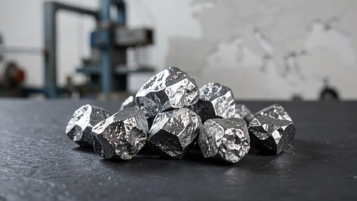 Imagem de minério de tungsténio bruto com detalhes industriais e mapa europeu desfocado.