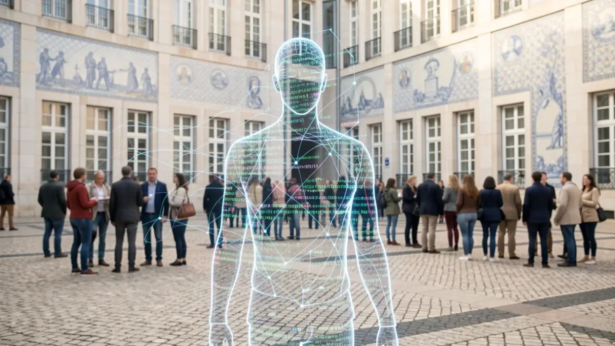 Imagem genérica de uma representação abstrata de inteligência artificial e colaboração num ambiente universitário, com elementos arquitetónicos portugueses.