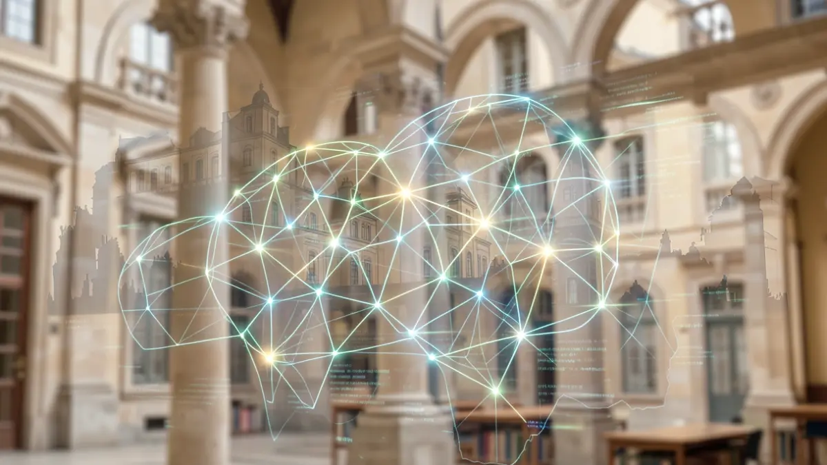 Imagen genérica de patrones de red neuronal brillando con siluetas de edificios universitarios y flujos de datos digitales, en estilo arquitectónico portugués.