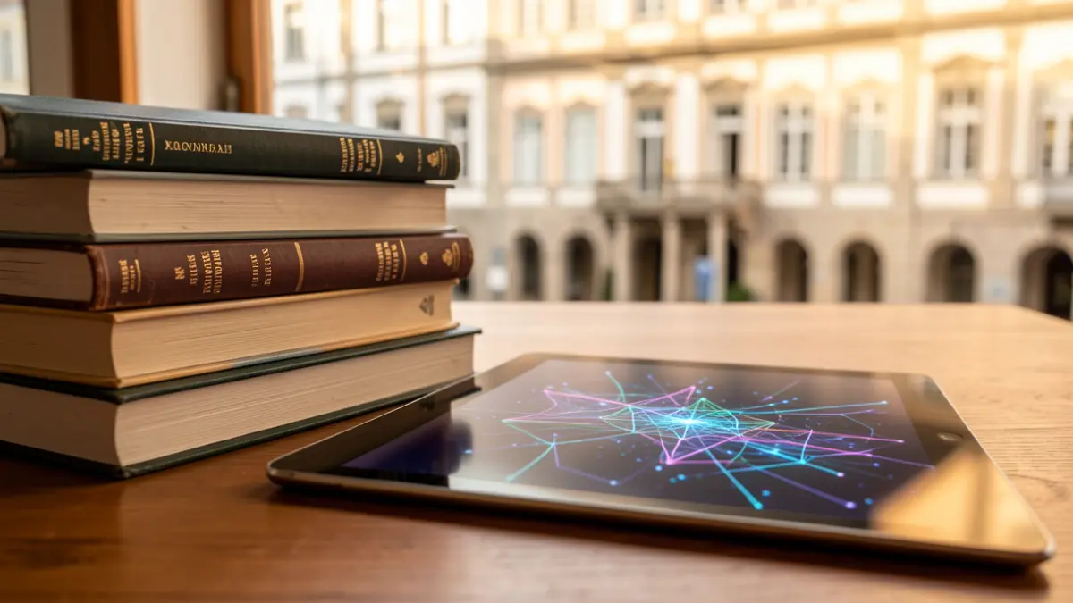 Imagem genérica de livros académicos e um tablet com padrões de IA, com uma fachada de universidade portuguesa desfocada ao fundo.