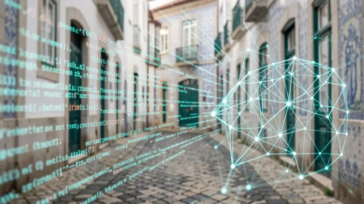 Imagem genérica de elementos de inteligência artificial e arquitetura portuguesa.