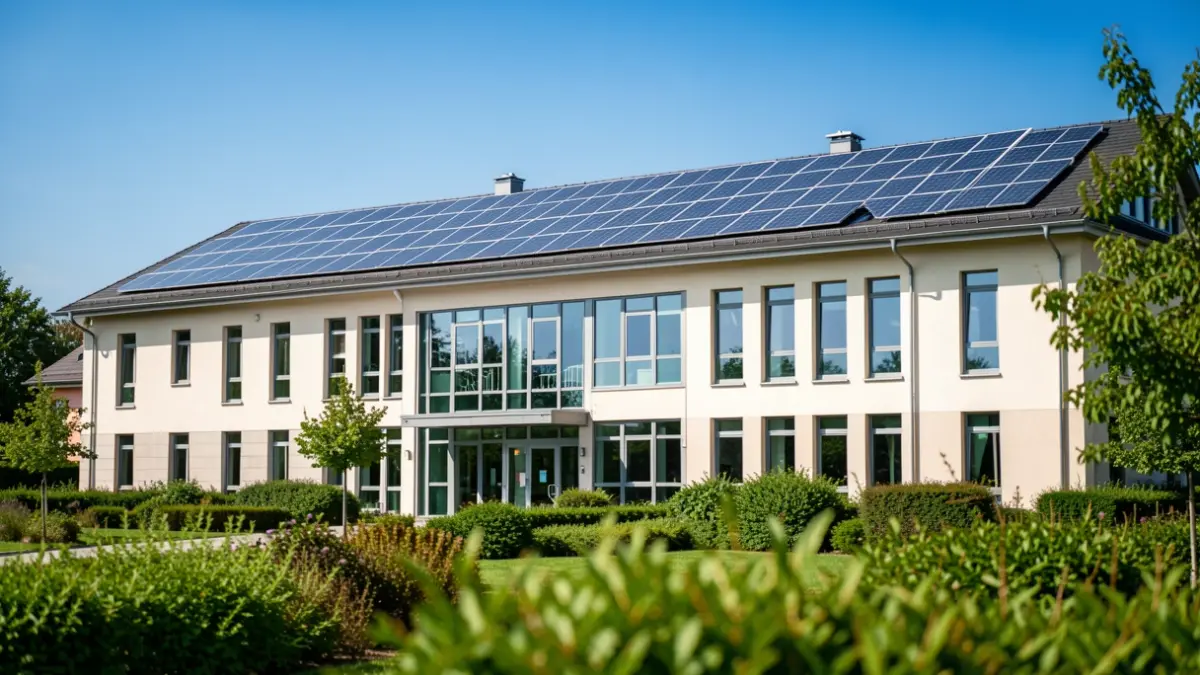 Fachada de um edifício universitário moderno com painéis solares no telhado, rodeado por paisagismo verde, sob um céu azul claro.