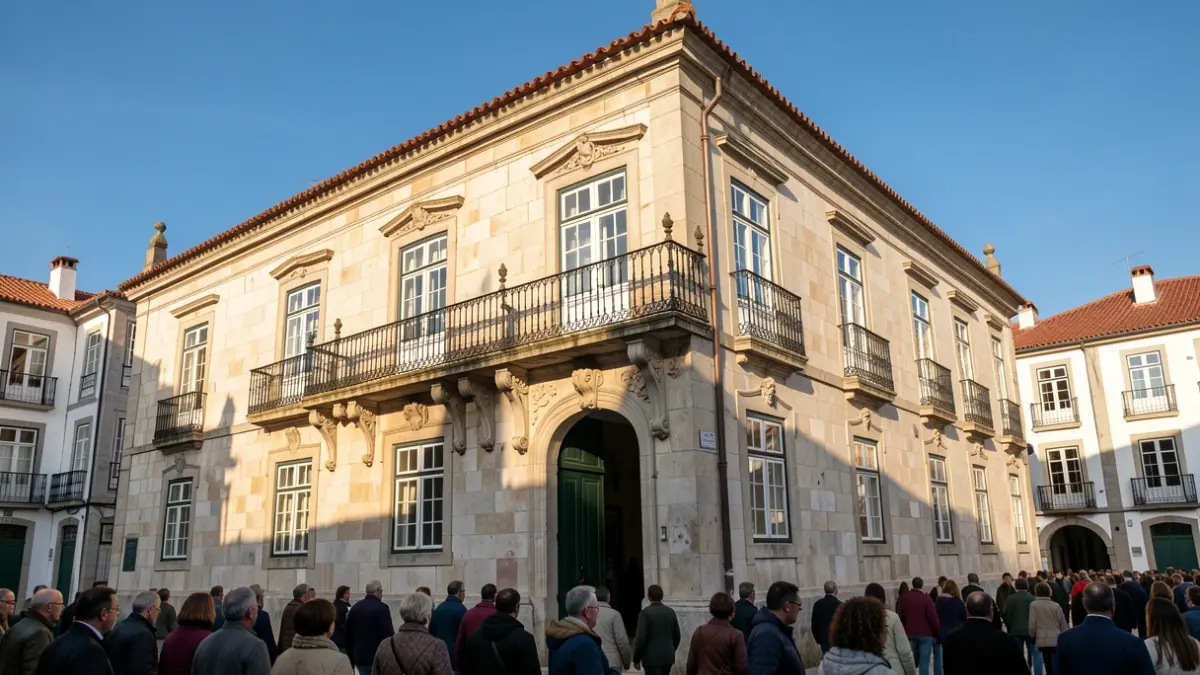 Generic image of a Portuguese town hall with an ornate balcony and late afternoon sunlight.
