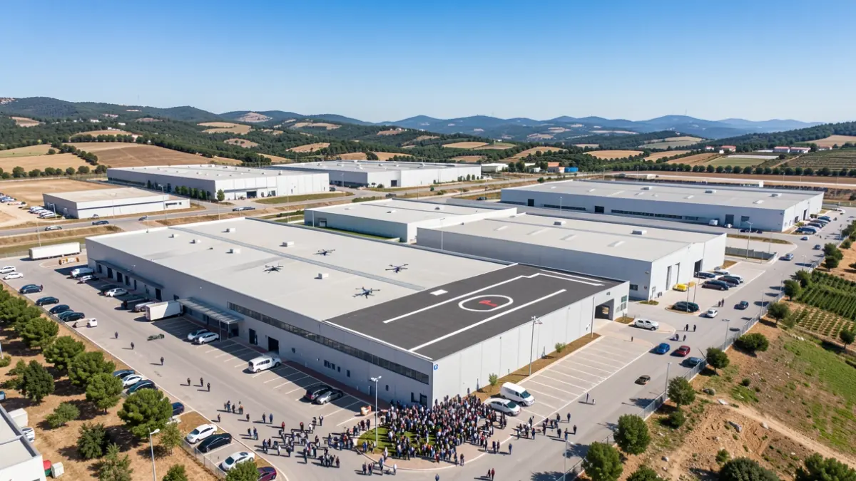 Imagem genérica de um parque industrial moderno em Portugal com um edifício de tecnologia avançada e uma pista de aterragem.
