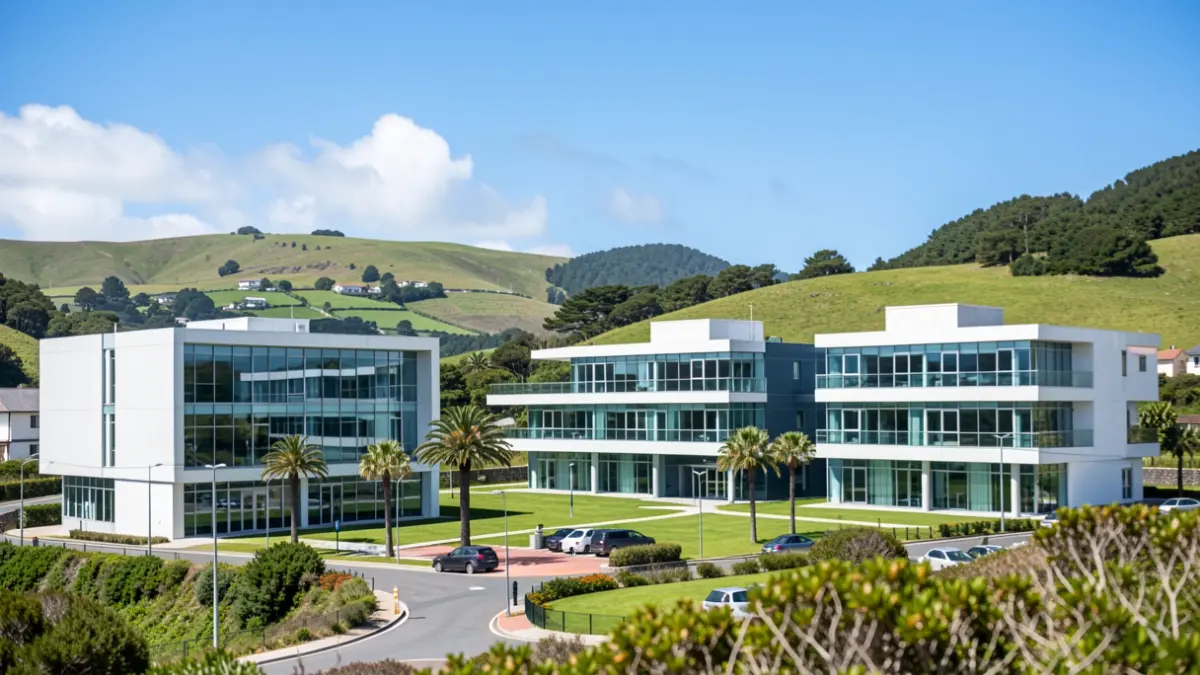 Imagem genérica de um parque tecnológico moderno nos Açores com edifícios de linhas modernas e céu azul.