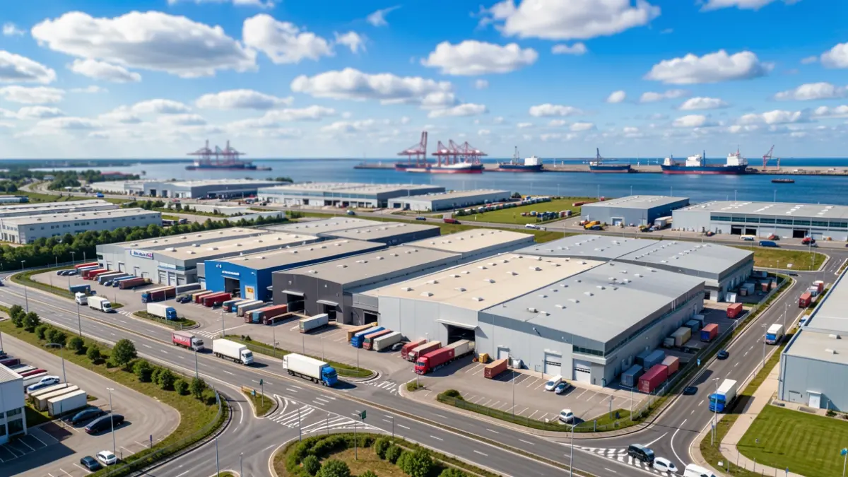 Imagem genérica de um centro logístico moderno com armazéns, camiões e porto ao fundo.